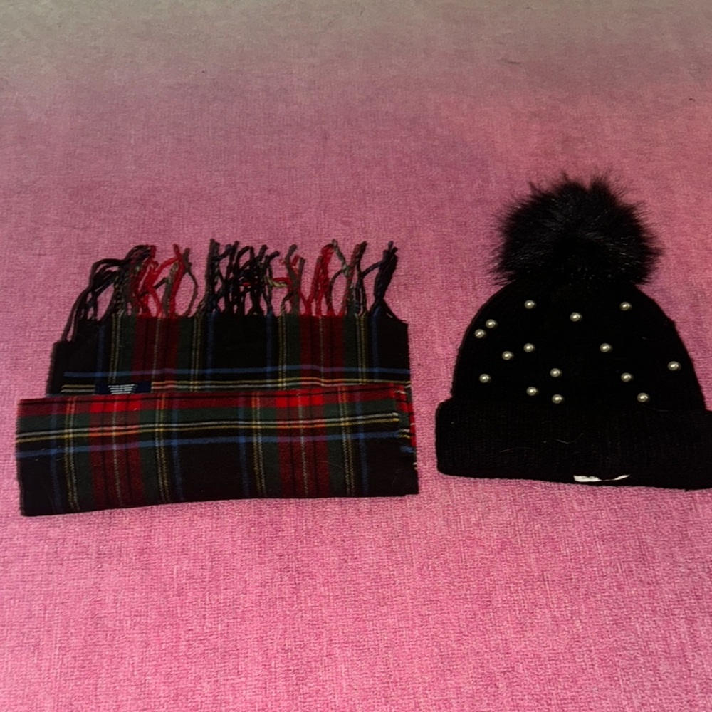 Black Pom-Pom Peak Beanie and Plaid Scarf Set
